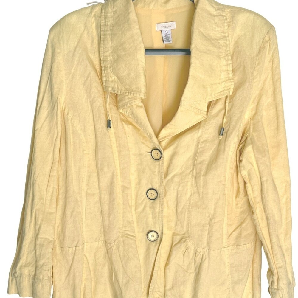 Chicos Size 16 Light Weight Detail Front Buttons Lined Pleated Yellow Jacket